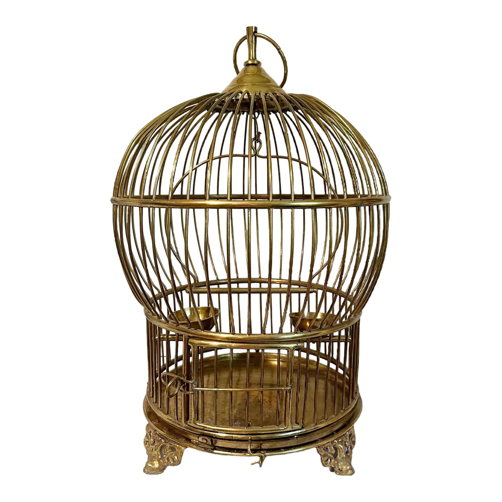 Vintage Large Solid Brass Globe Shaped Hanging BIrd Cage W/Feeding Bowls (1 of 6)