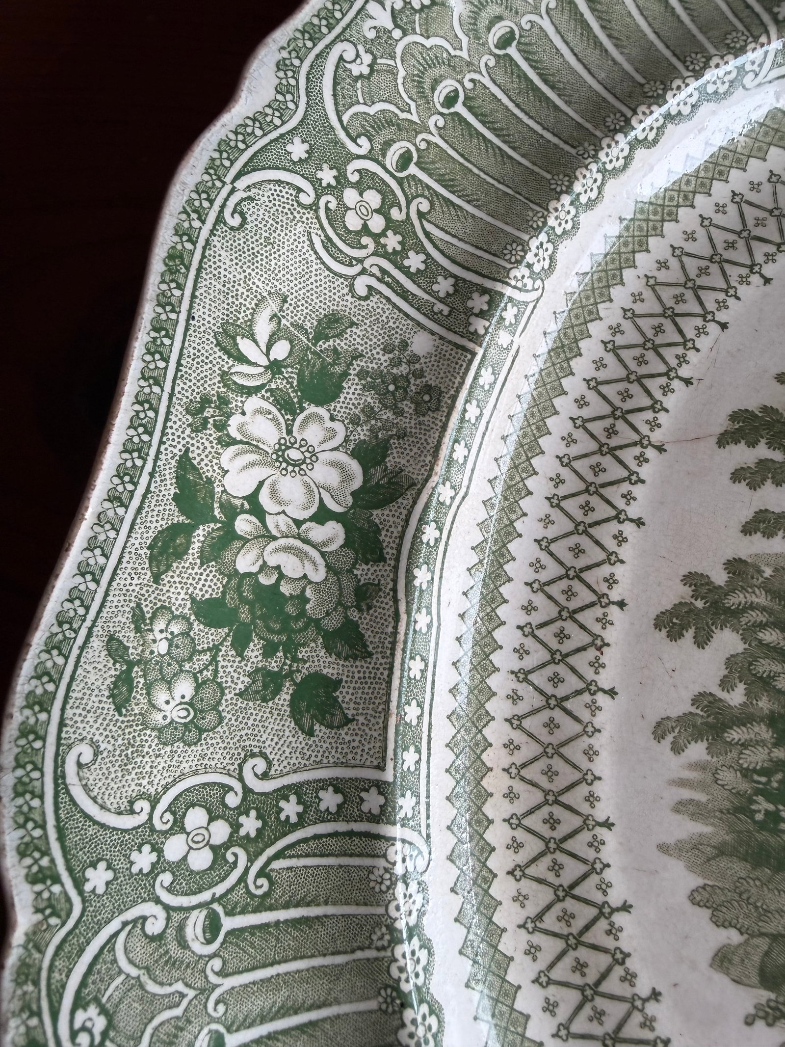 Antique Staffordshire Green Transferware Platter "Cologne" With Staple Repair, Circa 1830's - 12