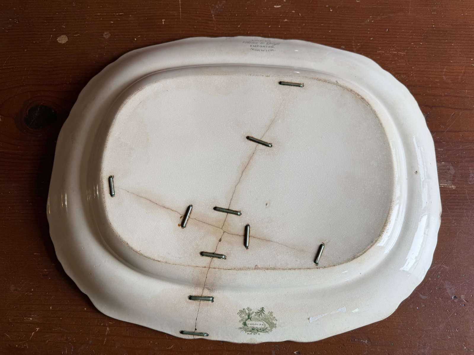 Antique Staffordshire Green Transferware Platter "Cologne" With Staple Repair, Circa 1830's - 14