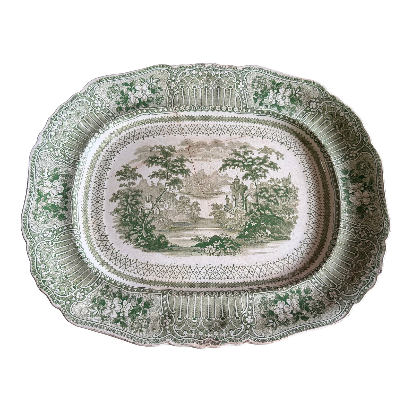 Antique Staffordshire Green Transferware Platter "Cologne" With Staple Repair, Circa 1830's (1 of 14)