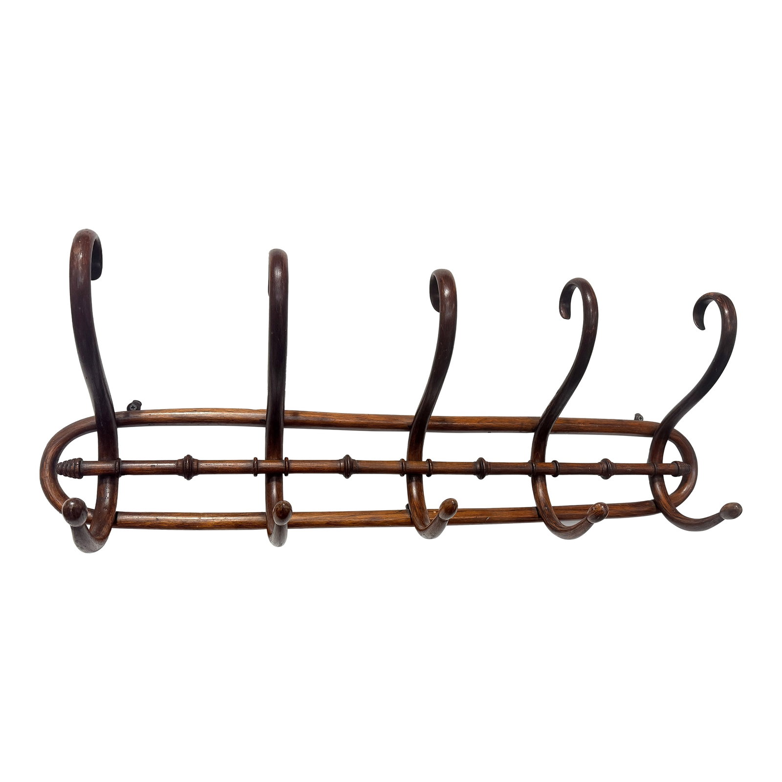 French Faux Bamboo Bentwood Wall Coat Rack, Thonet-Style, Late 19th: Formed in steam-bent hardwood in the tradition of Thonet and the Central European bentwood workshops, this elongated wall-mounted coat rack presents an elegant, architectural silhouette defined by an