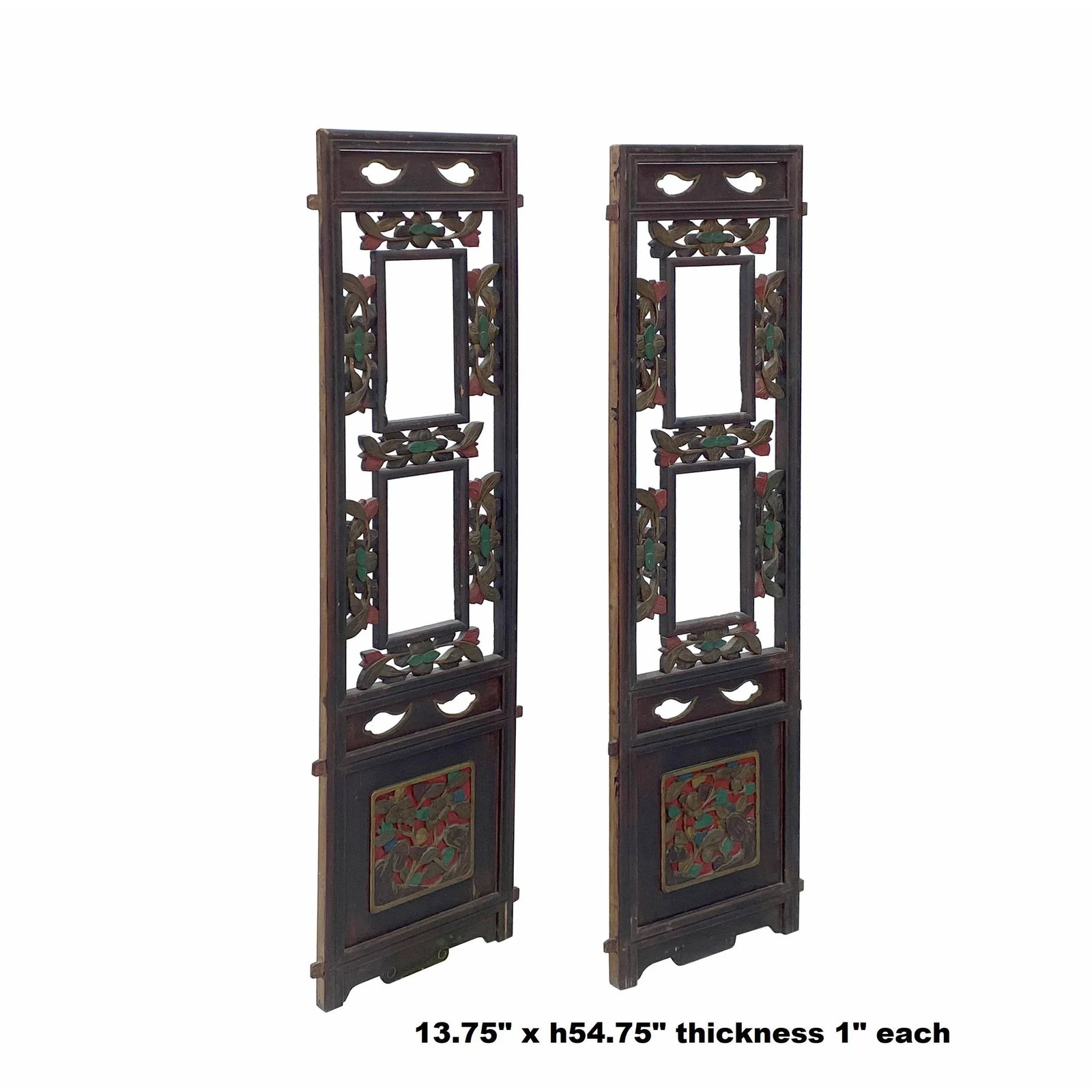 Pair Chinese Vintage Restored Wood Brown Flower Carving Wall Hanging Art - 2