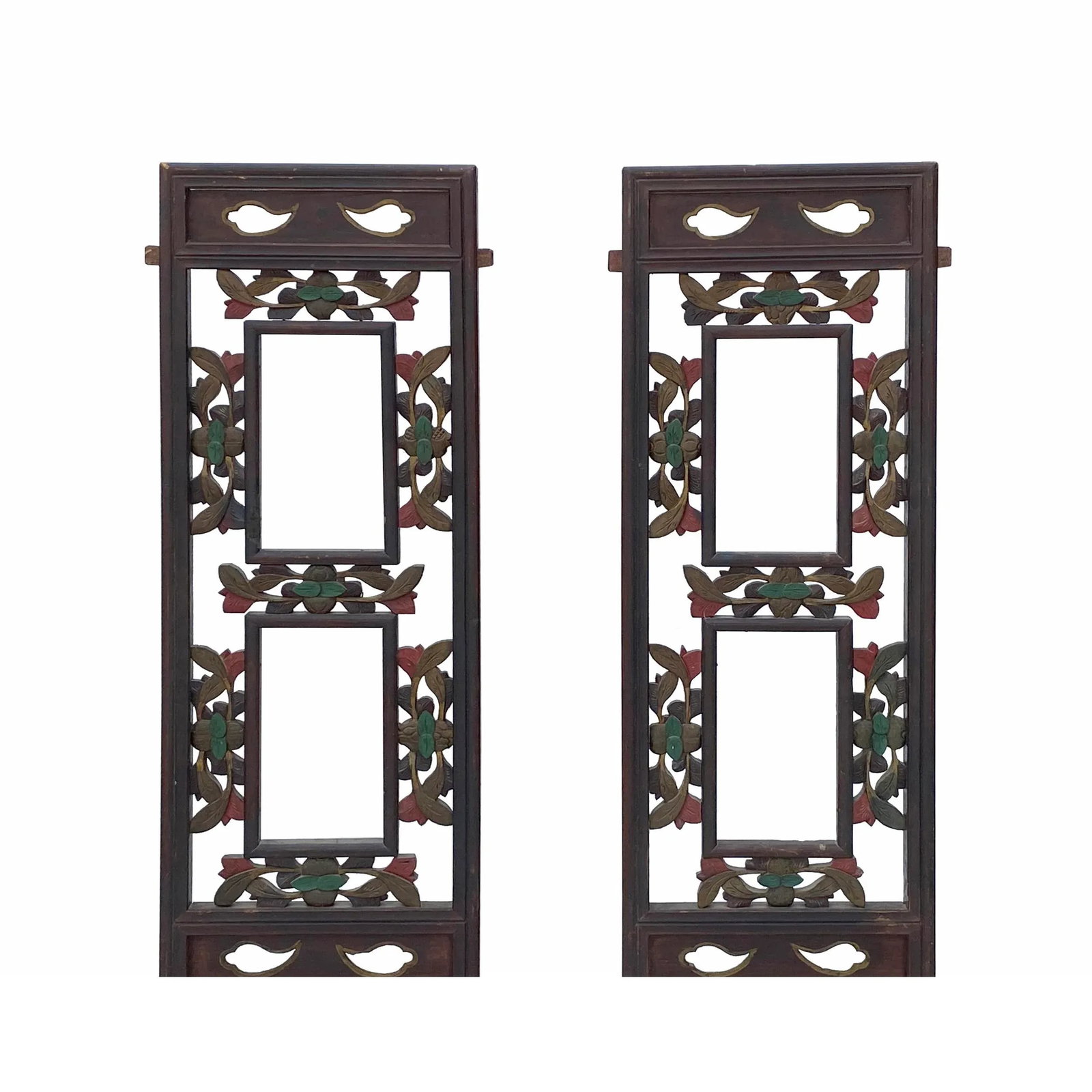 Pair Chinese Vintage Restored Wood Brown Flower Carving Wall Hanging Art - 4