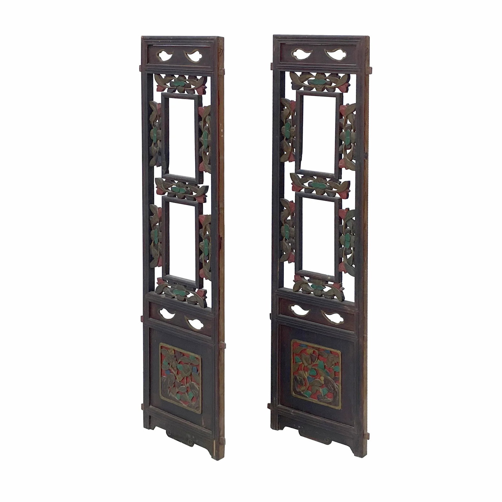 Pair Chinese Vintage Restored Wood Brown Flower Carving Wall Hanging Art - 5