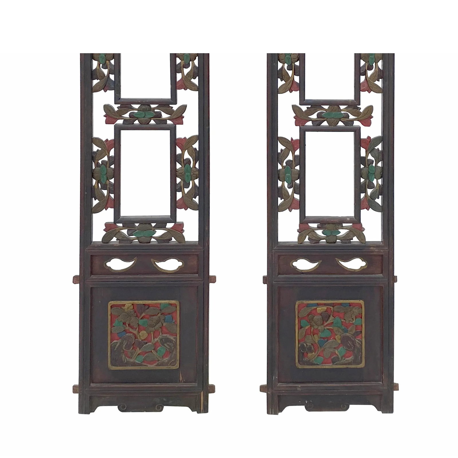 Pair Chinese Vintage Restored Wood Brown Flower Carving Wall Hanging Art - 6