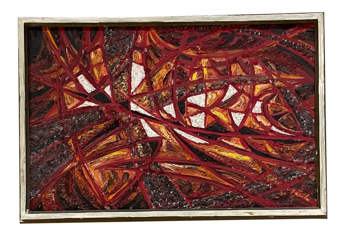 Modern Abstract Oil Painting, Fire Red, Signed, 1966, 19x13 in Mid-Century: For your consideration, Modern Abstract European oil on canvas Painting 1966 In the style of Pedro Coronel art. Spectacular Fire Red oil framed. Signed and dated on back, unclear. Dimensions: 19w x 13