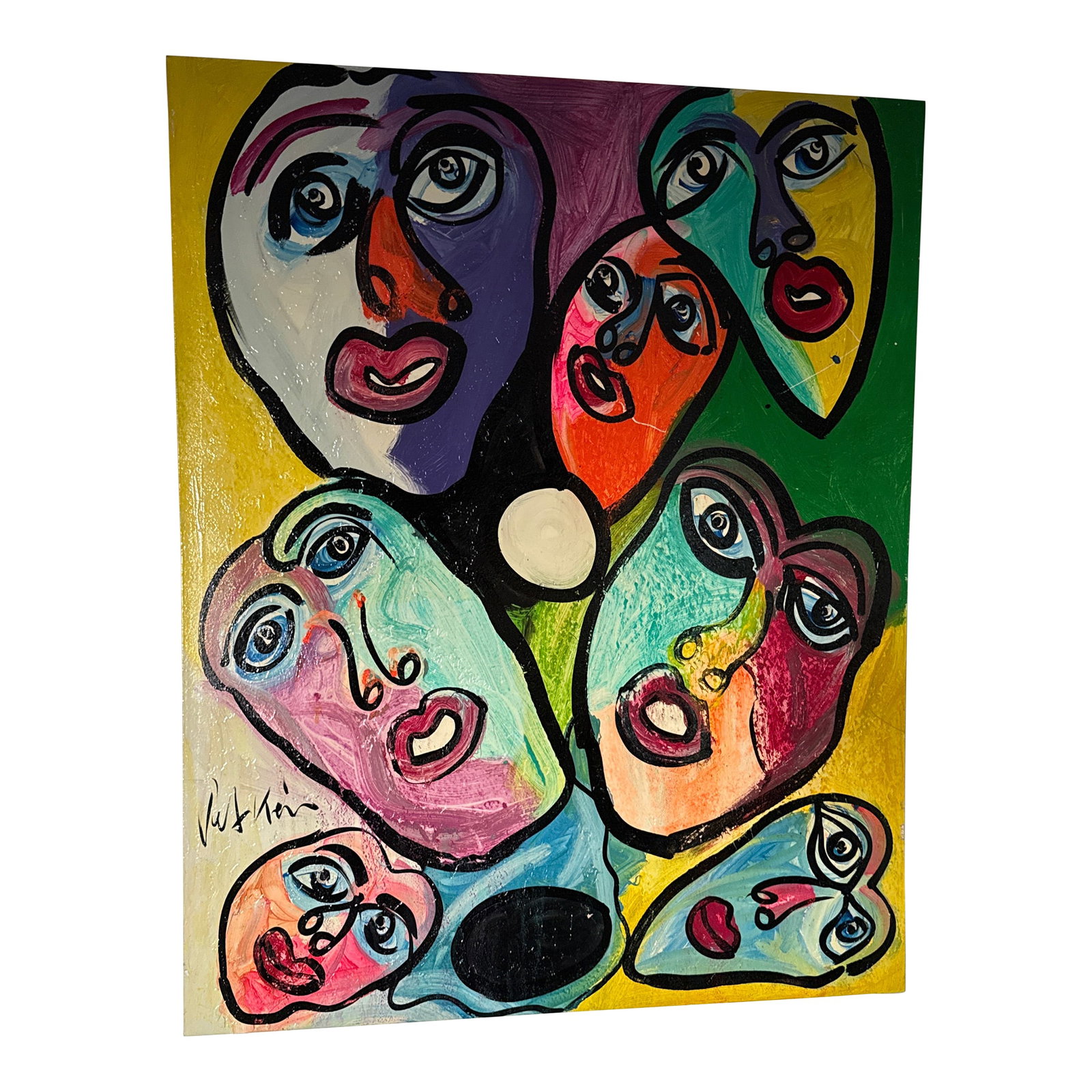 1970s Peter Keil Large Abstract Canvas Painting: Fantastic and Large Canvas Painting by Peter Robert Keil (83yrs old) Large Canvas 50" x 40" Great subject matter of colorful abstract faces. Signed Peter Keil Guaranteed Original Purchased direct