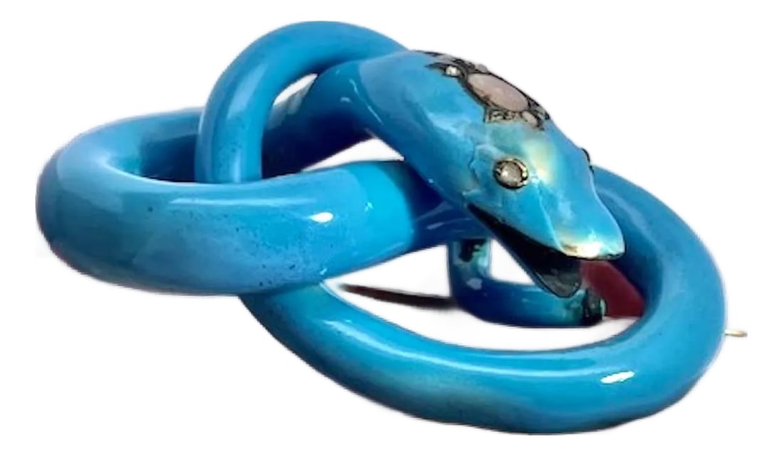 Antique Circa 1890 Enamel Diamond Snake Brooch, 38.4g Gold, Blue: # 87070 This gorgeous Enamel snake brooch is in almost perfect condition and comes in its original box. Seldom do you find this gorgeous robins egg blue enamel circa 1890 and in near perfect