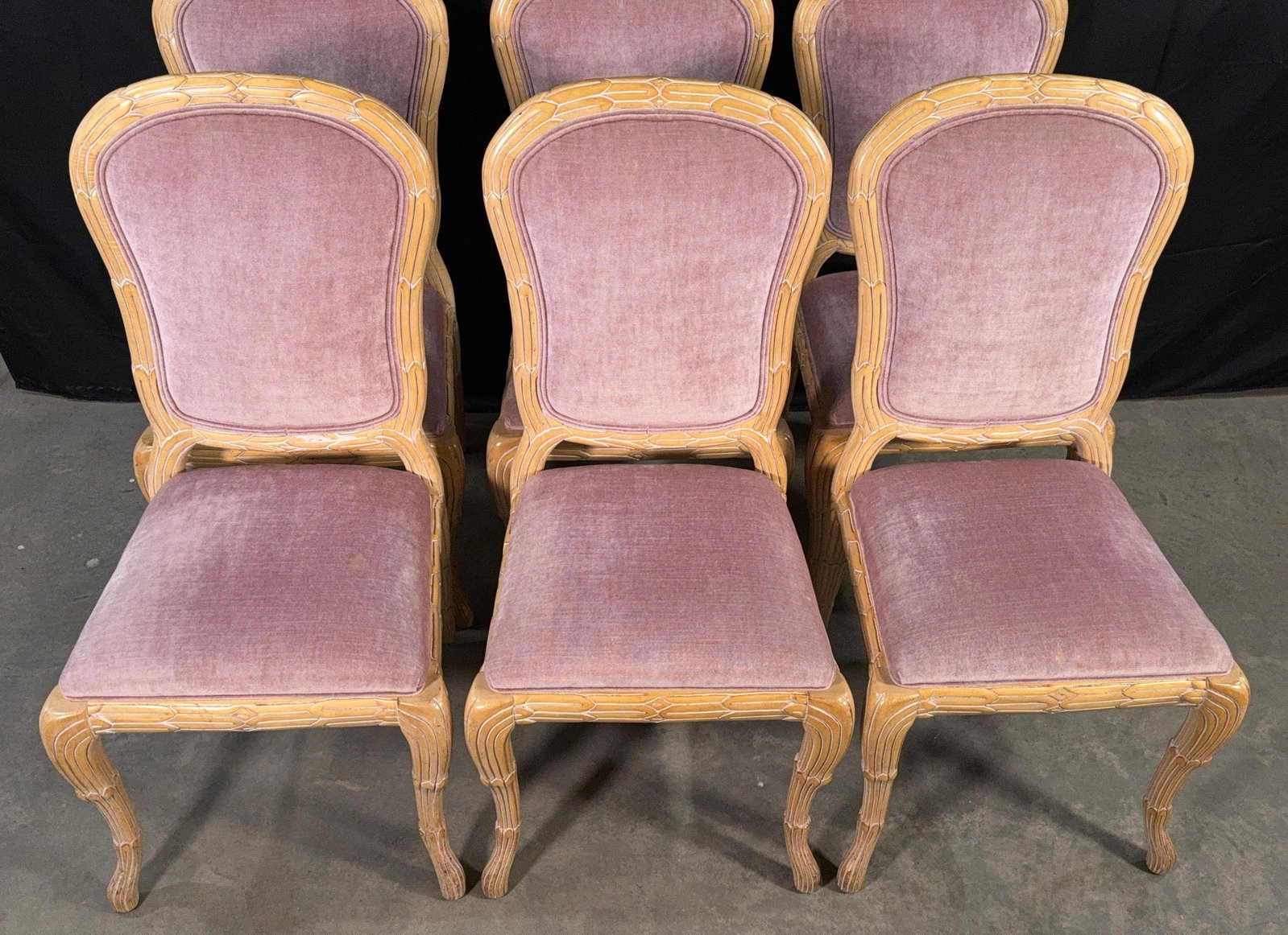 c.1970's Carved Florentine Faux Bois Italian Dining Chairs in Velvet, Attributed to Chelini - Set of - 10