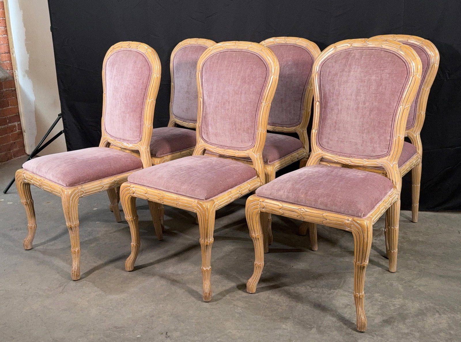 c.1970's Carved Florentine Faux Bois Italian Dining Chairs in Velvet, Attributed to Chelini - Set of - 11