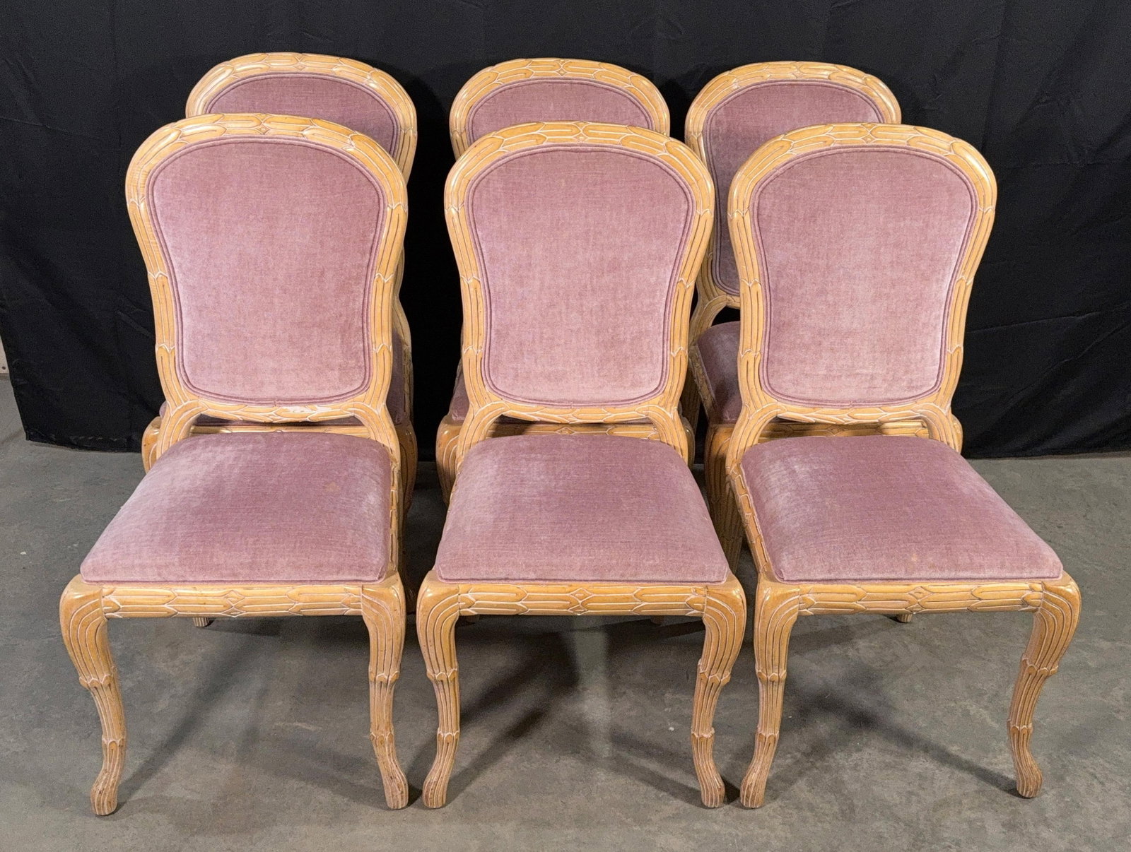 c.1970's Carved Florentine Faux Bois Italian Dining Chairs in Velvet, Attributed to Chelini - Set of - 12