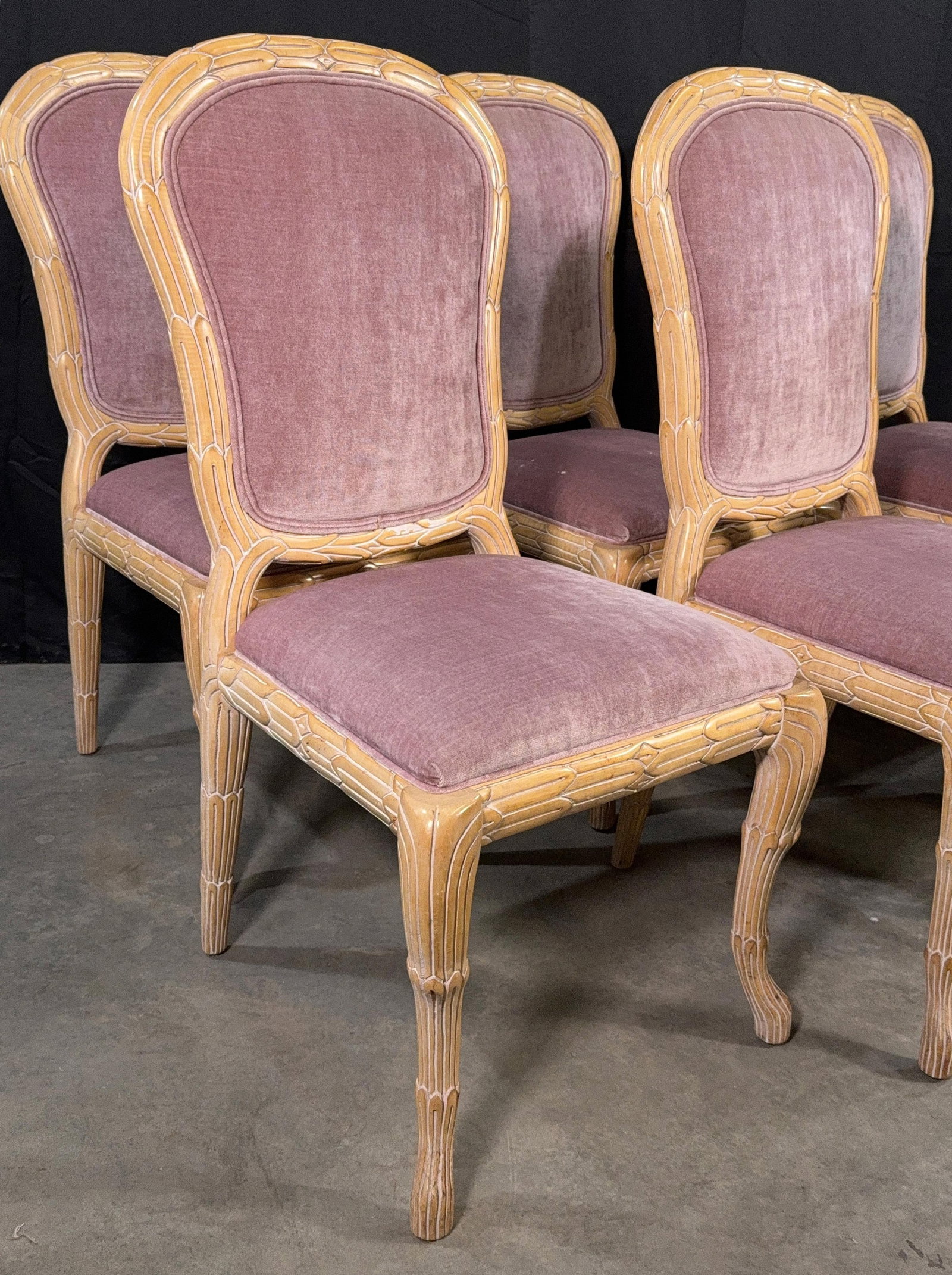 c.1970's Carved Florentine Faux Bois Italian Dining Chairs in Velvet, Attributed to Chelini - Set of - 13