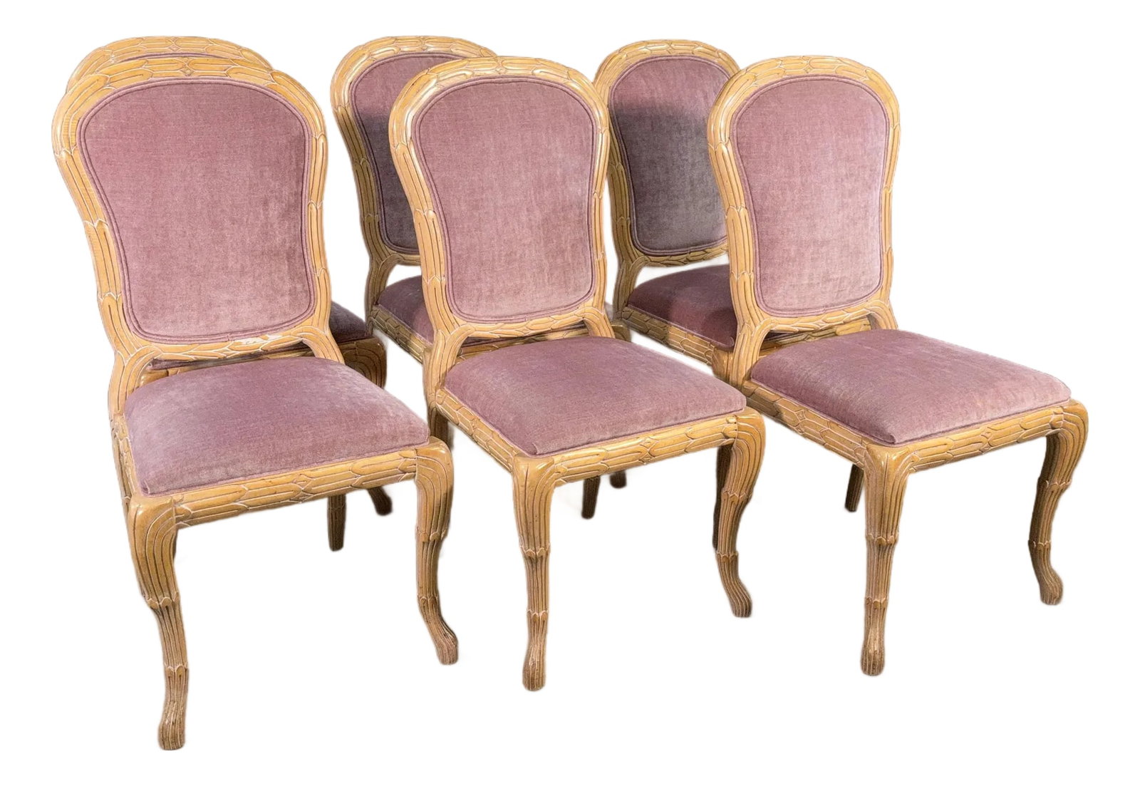 c.1970's Carved Florentine Faux Bois Italian Dining Chairs in Velvet, Attributed to Chelini - Set of: This set of six Italian dining chairs combines a Louis XVI-inspired medallion back with an all-over carved faux bois frame in a warm blonde cerused style finish with white washed detailing in the