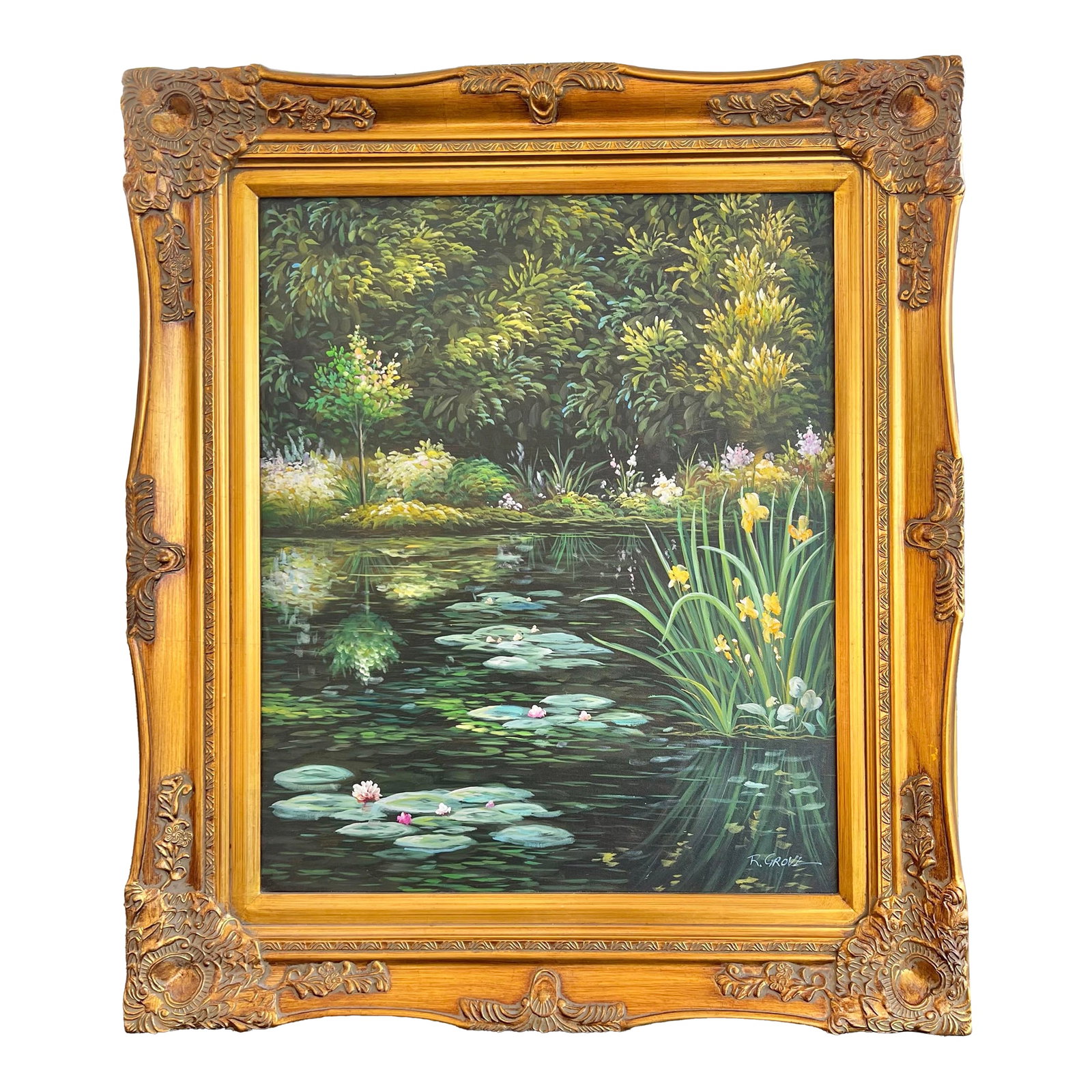 Late 20th Century Impressionist Painting of Lily Pond Framed Signed by R Grove: This item is a decorative framed oil painting featuring a water lily pond scene, styled after Claude Monet's impressionistic works. Painting shows A tranquil pond with lily pads, water lilies, and sur