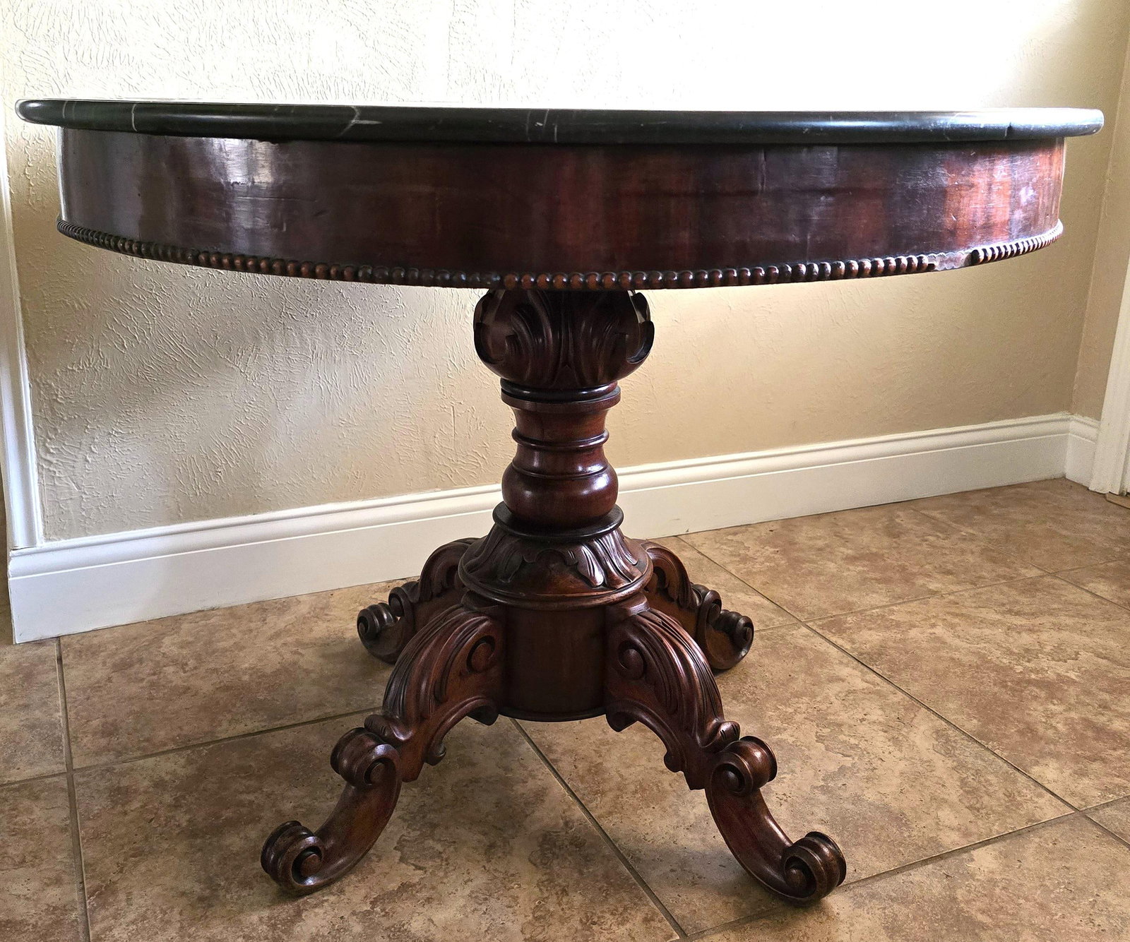 1830s Louis Phillippe Marble Top Pedestal Mahogany Center Table - 2