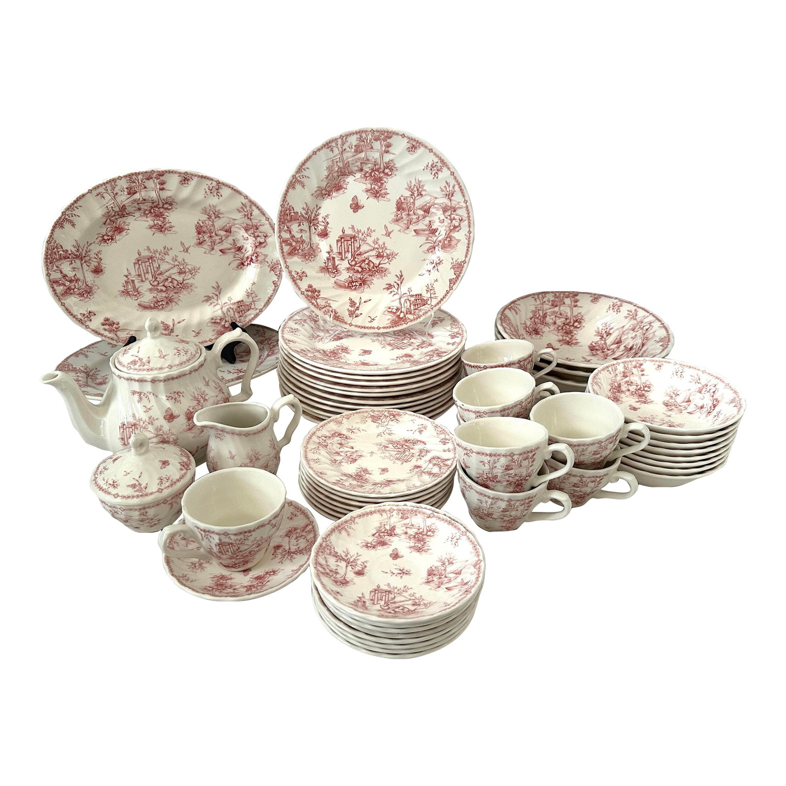 Vintage Shabby Chic Queens "Chelsea Toile" Pink Dinnerware Set of 53: Vintage Pink Toile Chelsea Dinnerware by Queens. Set of 53 pieces. Perfect for a garden party or girls luncheon. Great to mix and match with other toile colors. 1-Oval Platter, 12.5in w x 9.75 1-Oval