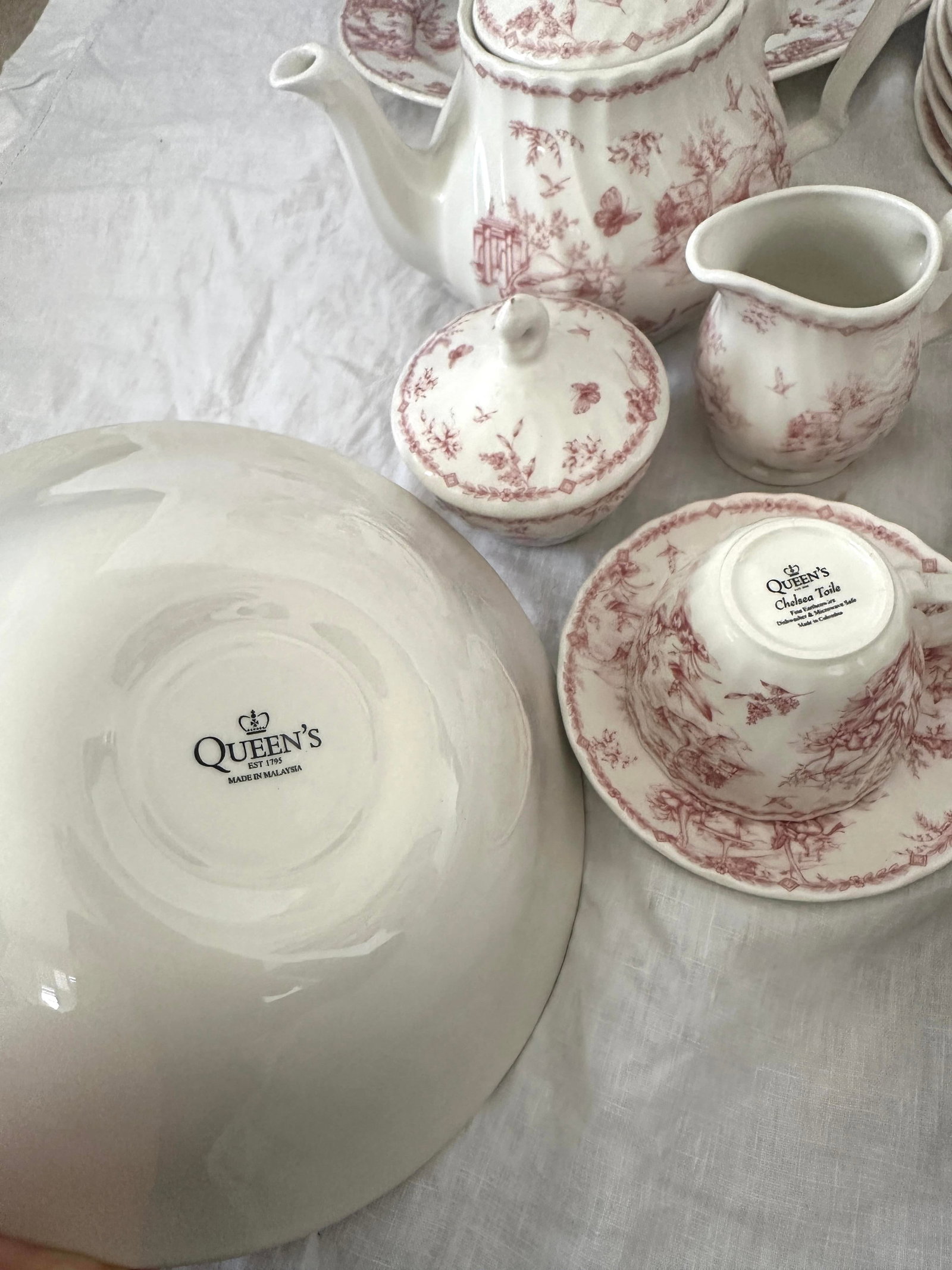 Vintage Shabby Chic Queens "Chelsea Toile" Pink Dinnerware Set of 53 - 9