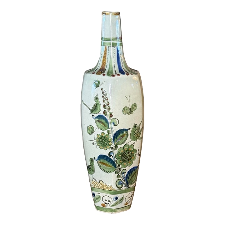 Mid 20th Century Monumental Mexican TonalÃ¡ Studio Pottery Vase – Hand Painted Birds: A striking monumental Mexican studio pottery vase, hand-painted in the TonalÃ¡ tradition with whimsical birds, butterflies, and stylized botanical forms. The composition is rendered in