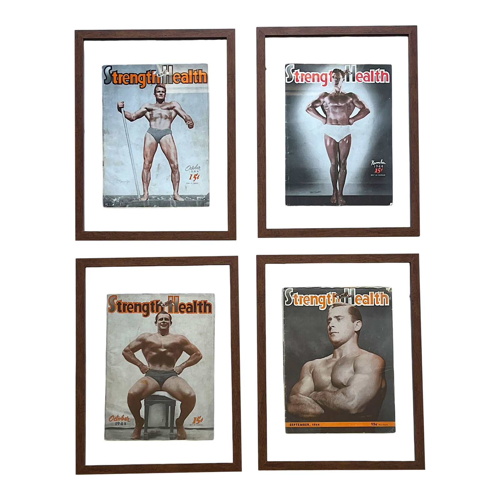 Framed 1940s "Strength & Health" Magazine Covers – Art Deco Bodybuilding Beefcake Photography: A bold and sculptural set of four original Strength & Health magazine covers from 1943–1944, presented in 17"H x 13"W solid wood and glass floating frames. These covers embody the intersection