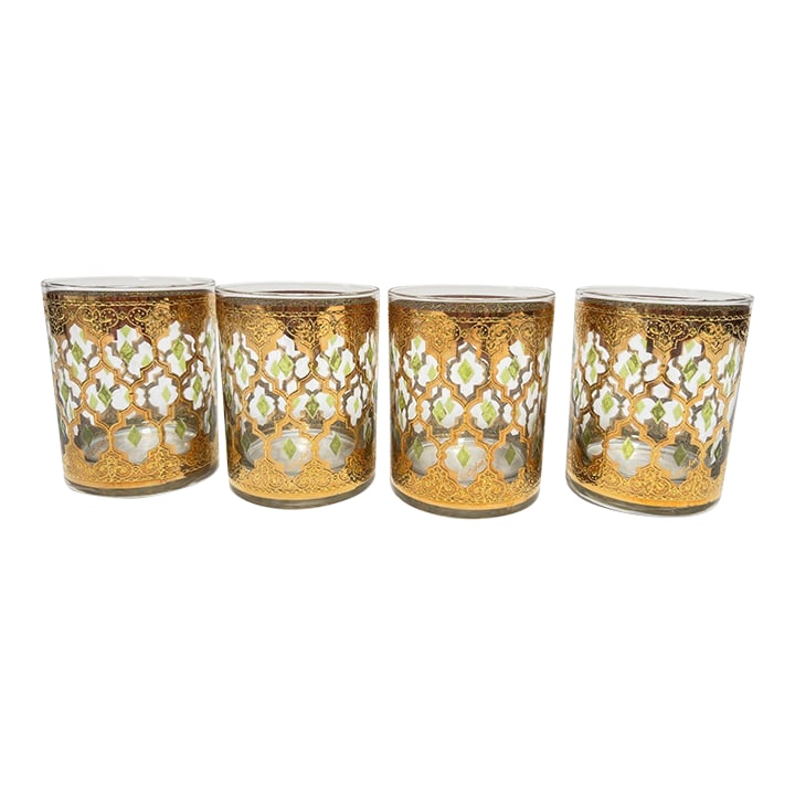Vintage Set of 4 Old Fashioned Valencia by Culver With 22-Karat Gold: Vintage Set of 4 Old Fashioned Valencia by CULVER with 22-Karat Gold. Elegant vintage midcentury Culver barware double old fashion, whisky glasses with Valencia pattern in a gold leaf finish. Set