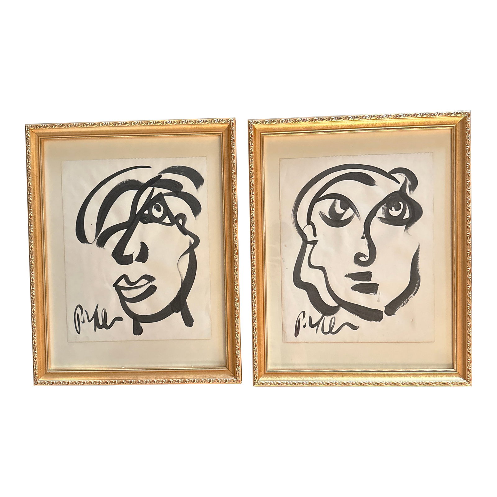 1960s Peter Keil Black and White Portrait Paintings - Set of 2: Great pair of original early paintings by Peter Keil. Painted on paper depicting geometric portraits. Ready to hang in matching gold wood frames. Guaranteed authentic coa on back. Condition: