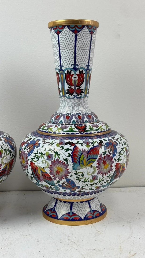 Pair of Chinese Cloisonne Enamel Vases Lotus White and Floral Butterflies - 4