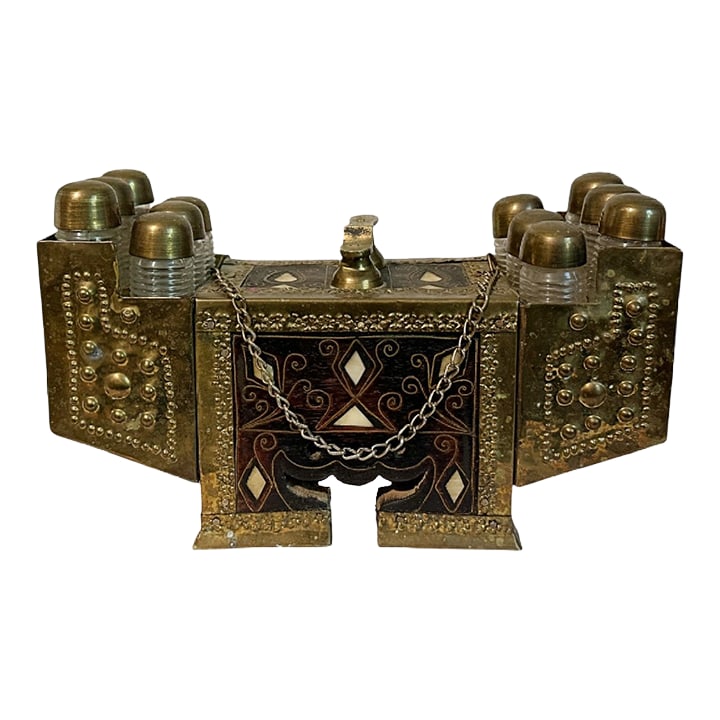 Antique Turkish Mother-of-Pearl Inlay Wood & Brass Shoe Shine Box Stand (1 of 7)
