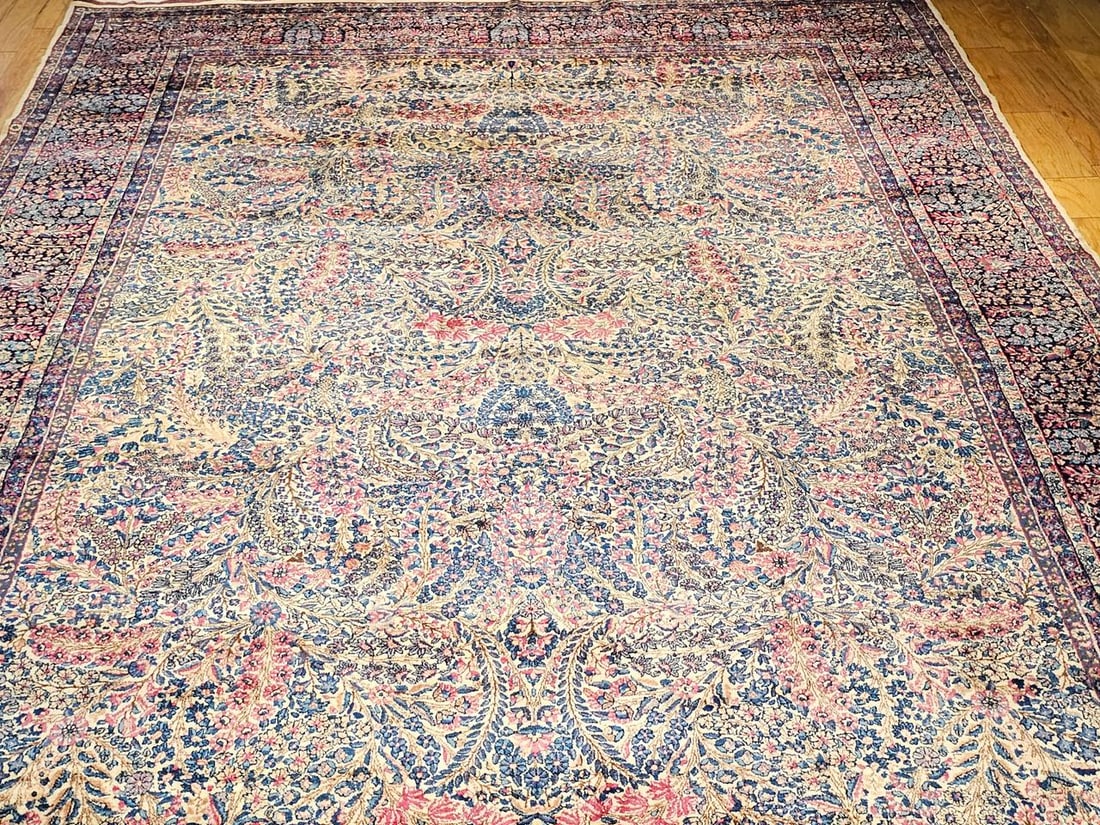 Vintage Oversize Persian Kerman Lavar Rug, Floral Pattern, Ivory & Blue, 11' X 18' - 10
