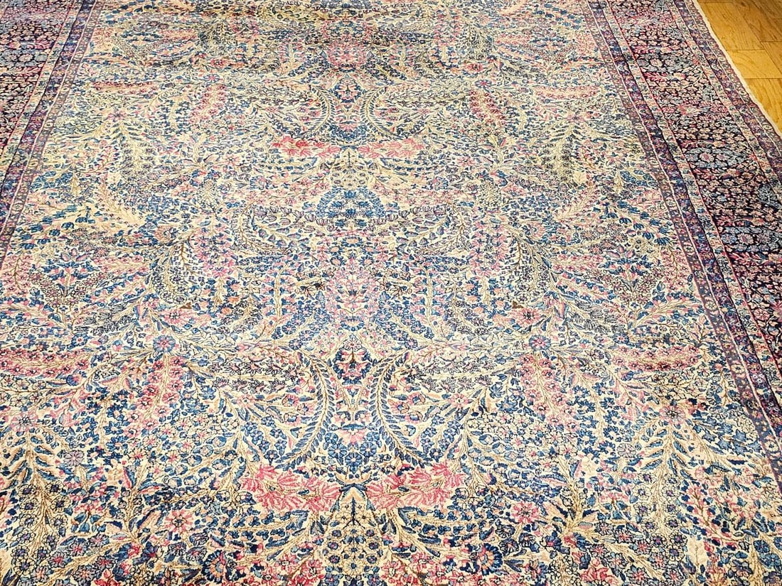 Vintage Oversize Persian Kerman Lavar Rug, Floral Pattern, Ivory & Blue, 11' X 18' - 11