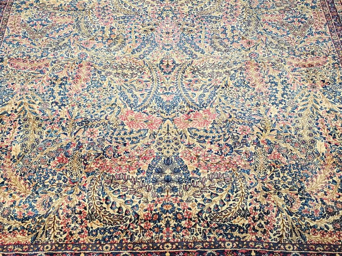 Vintage Oversize Persian Kerman Lavar Rug, Floral Pattern, Ivory & Blue, 11' X 18' - 12