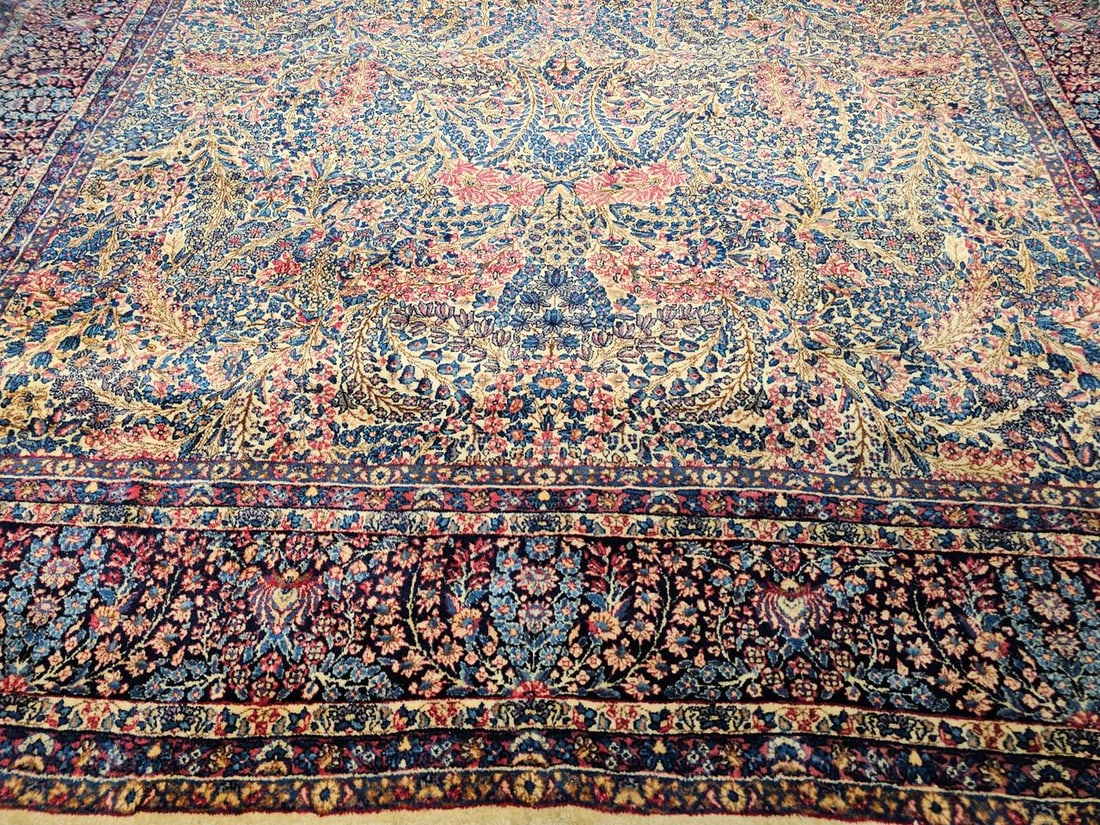 Vintage Oversize Persian Kerman Lavar Rug, Floral Pattern, Ivory & Blue, 11' X 18' - 13