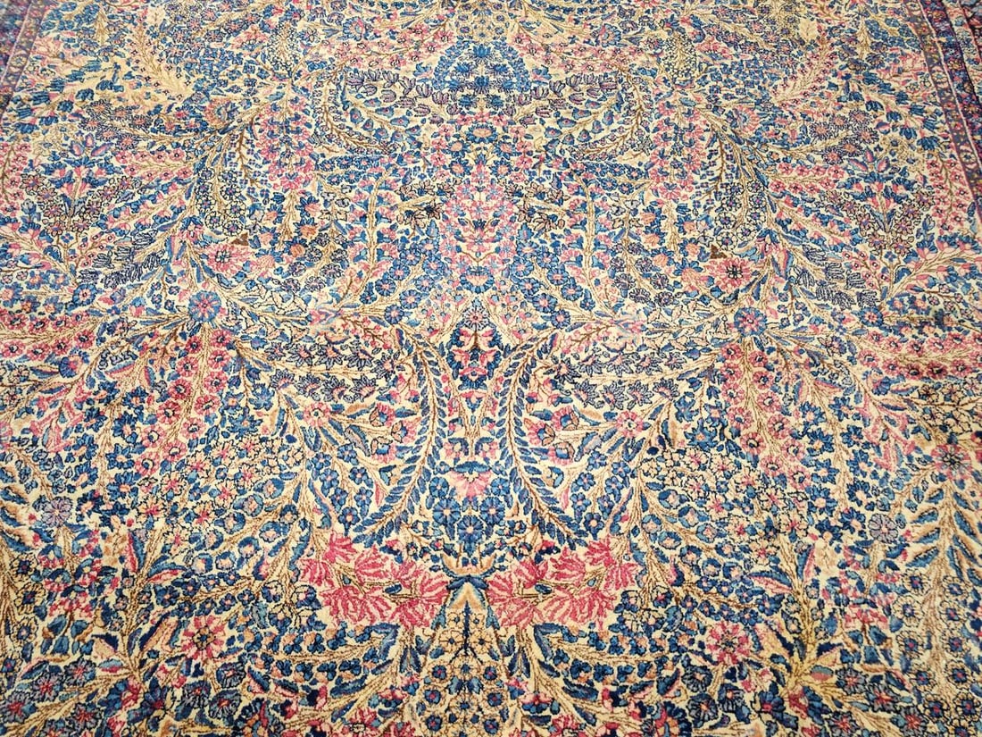 Vintage Oversize Persian Kerman Lavar Rug, Floral Pattern, Ivory & Blue, 11' X 18' - 14