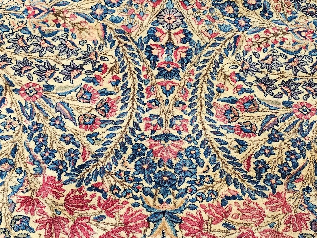 Vintage Oversize Persian Kerman Lavar Rug, Floral Pattern, Ivory & Blue, 11' X 18' - 15