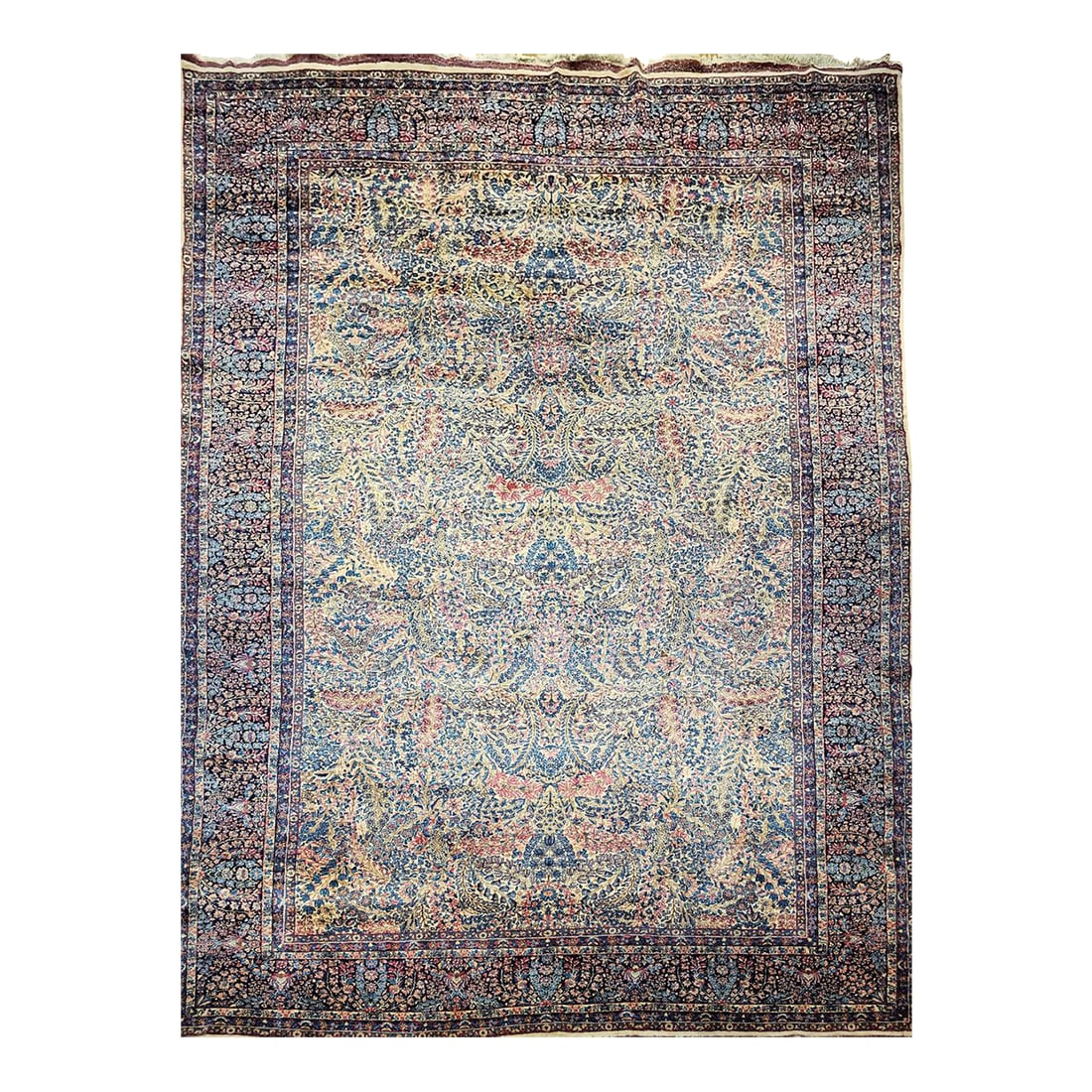 Vintage Oversize Persian Kerman Lavar Rug, Floral Pattern, Ivory & Blue, 11' X 18': A beautiful oversized Persian Kerman Lavar carpet in the iconic Millefleur "” or 'million flowers' "” allover design, one of the most exquisite and poetic design traditions in all of
