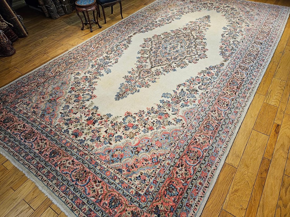 Vintage Persian Qazvin Oversize Rug, Hand-Knotted Floral Medallion, Ivory & Blue. 10' X 20' - 10