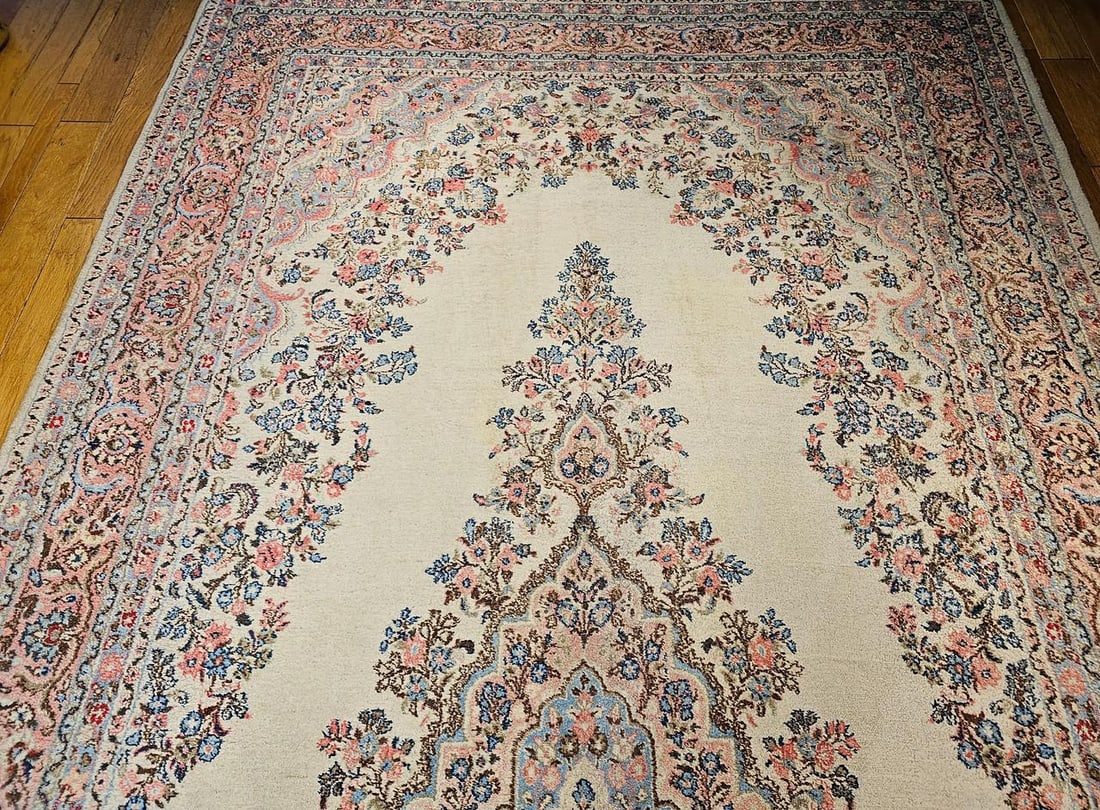 Vintage Persian Qazvin Oversize Rug, Hand-Knotted Floral Medallion, Ivory & Blue. 10' X 20' - 11