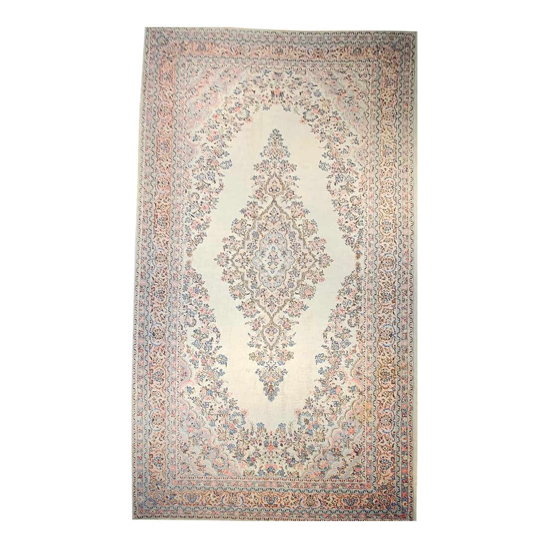 Vintage Persian Qazvin Oversize Rug, Hand-Knotted Floral Medallion, Ivory & Blue. 10' X 20': This vintage oversized Persian Qazvin rug is a stunning example of fine craftsmanship and timeless design, inspired by the celebrated Kerman rug tradition of the early to mid-20th century. Featuring