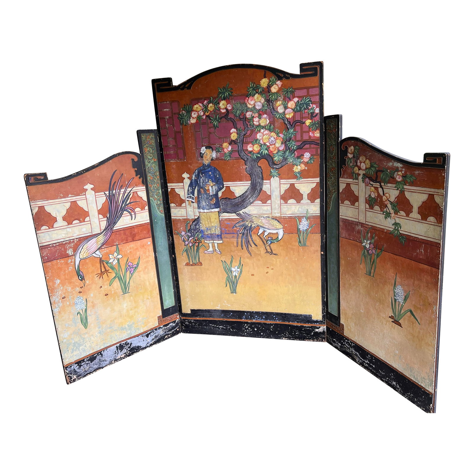 Monumental Chinoiserie Three-Panel Triptych Screen, Lake Geneva, Wisconsin, C. 1900–1920": This extraordinary three-panel chinoiserie folding screen commands immediate attention at a monumental 81 inches tall and 120 inches wide when fully opened. Painted in oil on board, the triptych prese