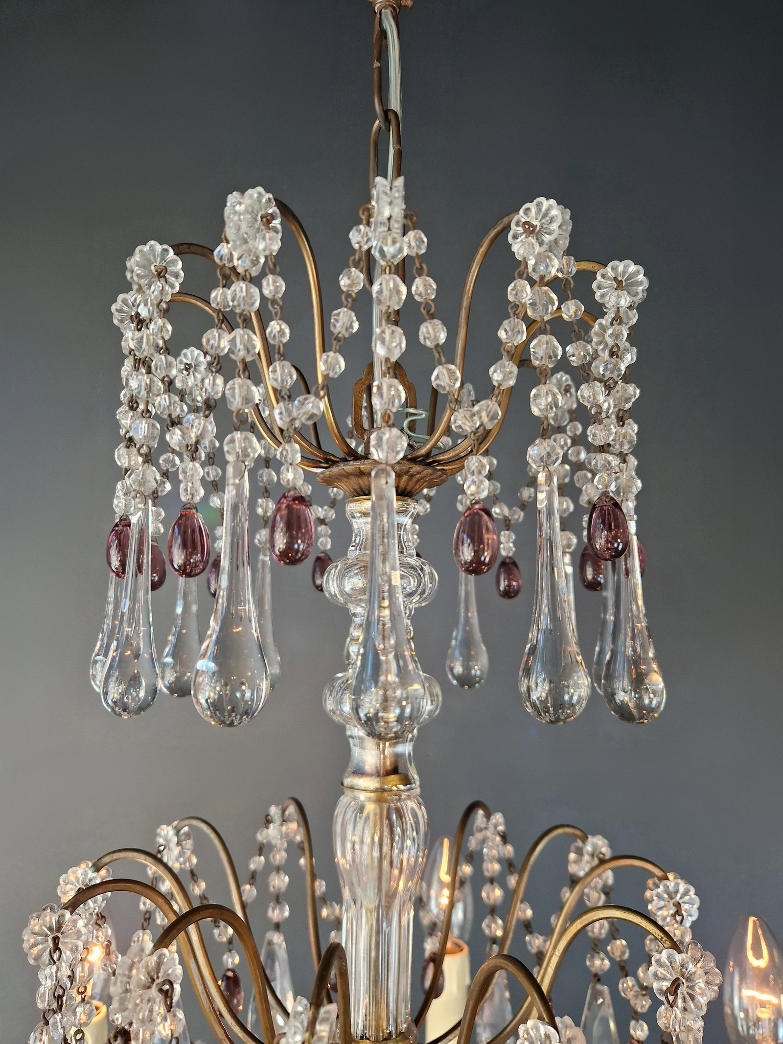 1920s Italian Chandelier Murano Glass Elements Crystal Chandelier With Colored Drops - 10