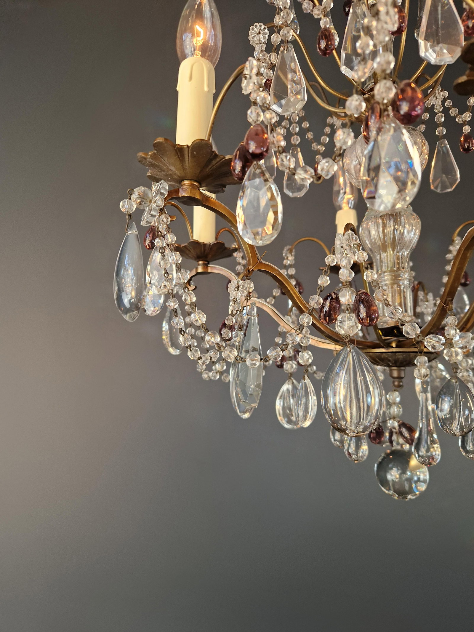 1920s Italian Chandelier Murano Glass Elements Crystal Chandelier With Colored Drops - 11