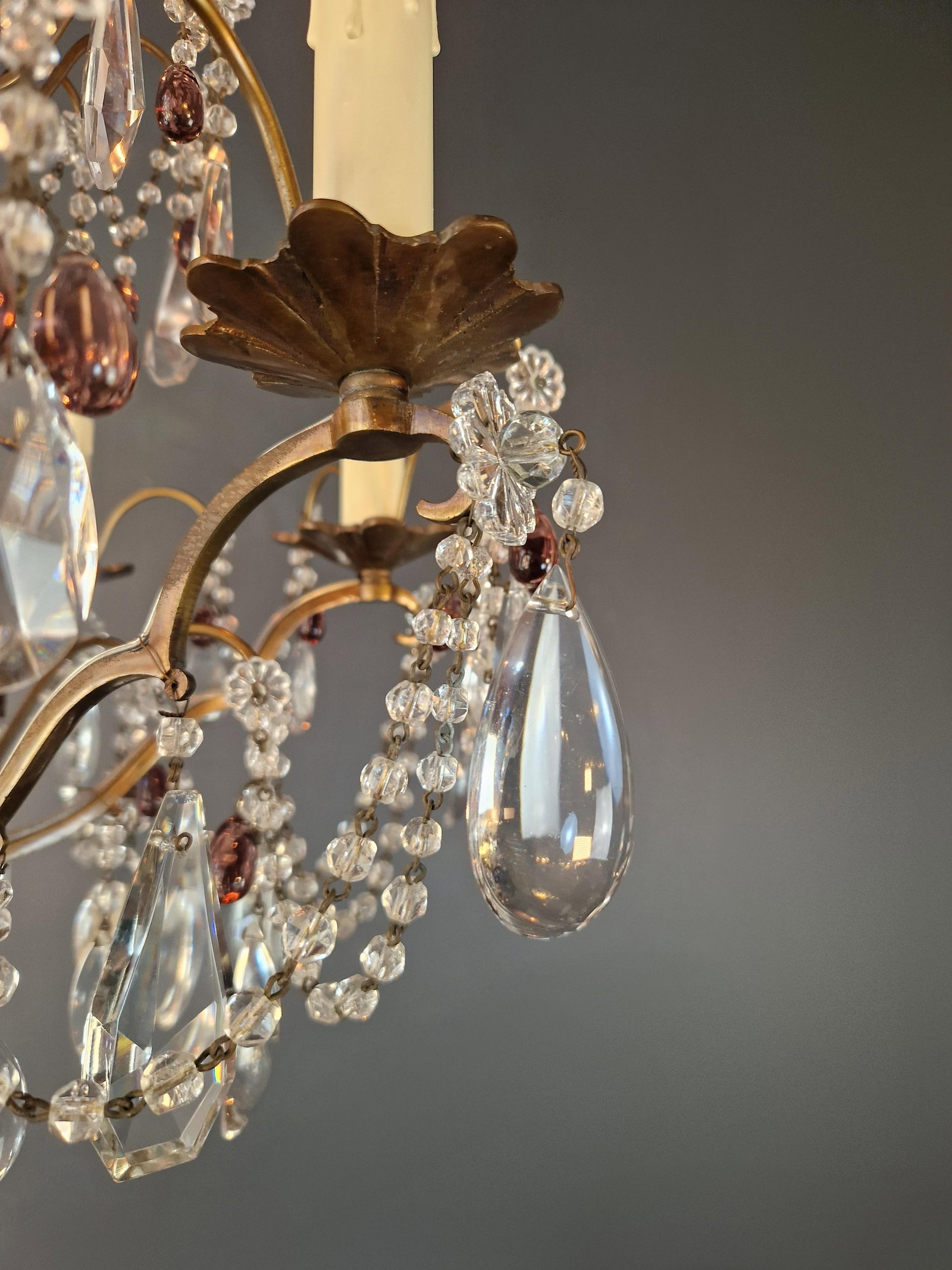 1920s Italian Chandelier Murano Glass Elements Crystal Chandelier With Colored Drops - 12