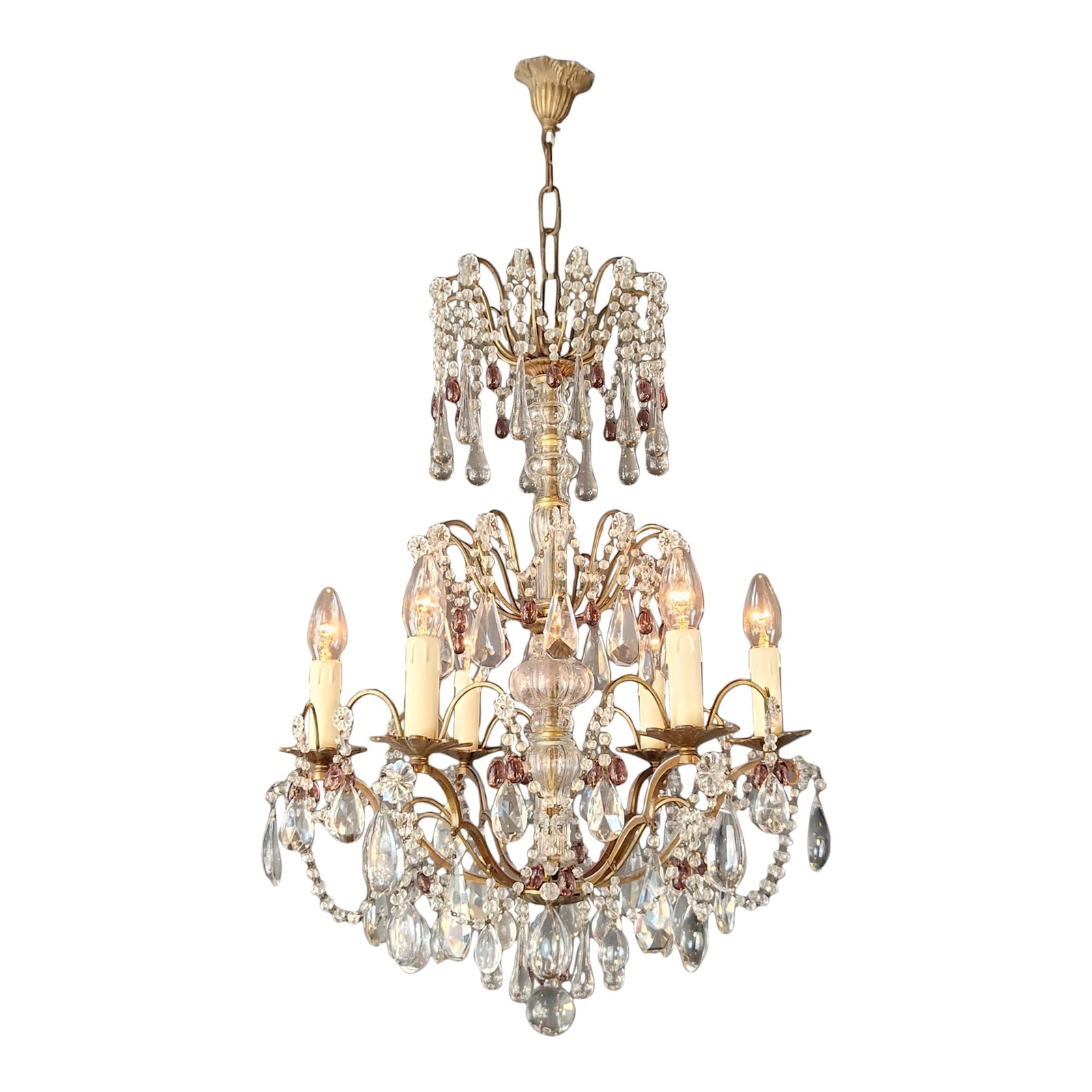 1920s Italian Chandelier Murano Glass Elements Crystal Chandelier With Colored Drops: An elegant Italian chandelier featuring refined proportions and subtle colored accents. This piece has been fully restored in our Berlin workshop. The electrical system has been renewed and all crysta