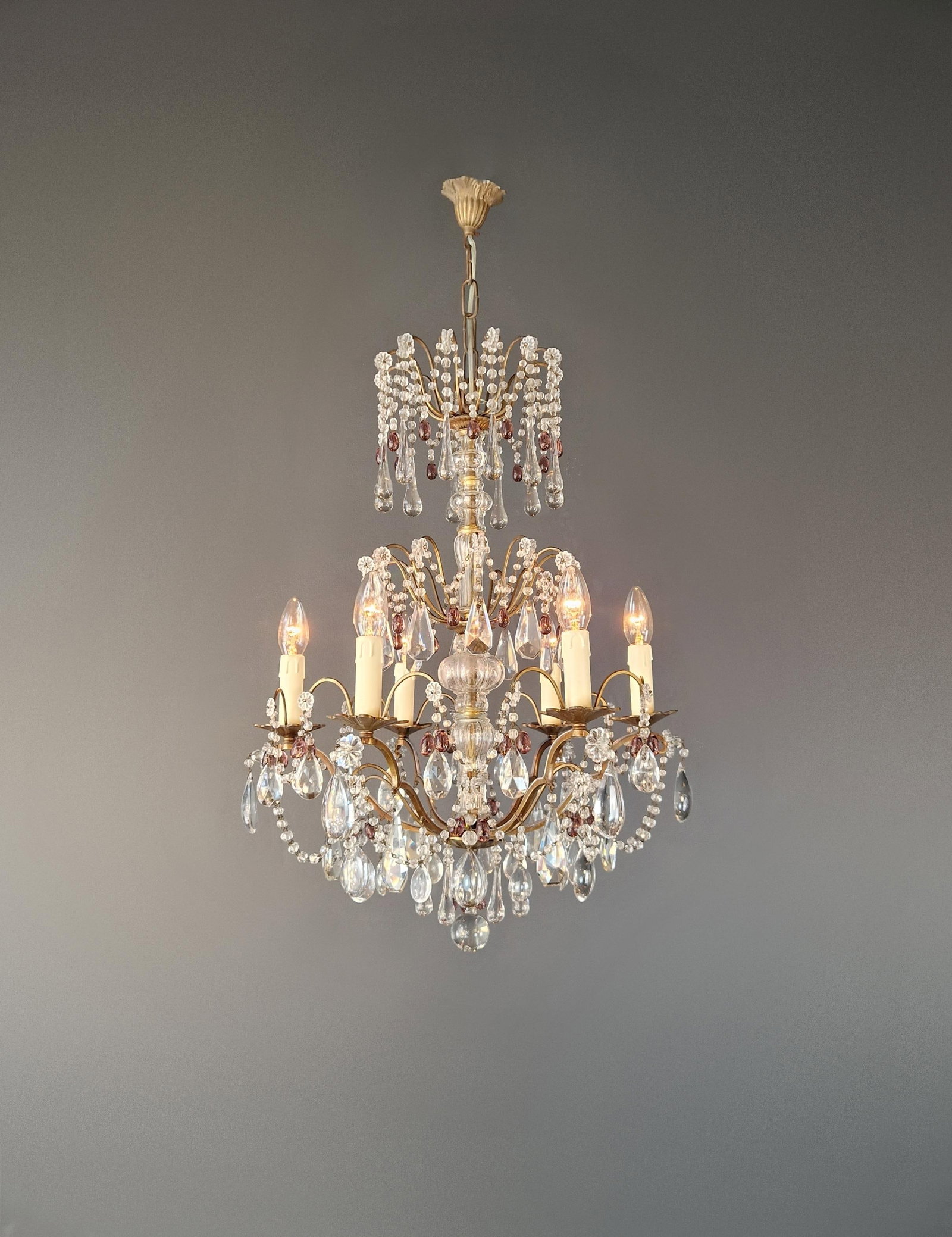 1920s Italian Chandelier Murano Glass Elements Crystal Chandelier With Colored Drops - 2