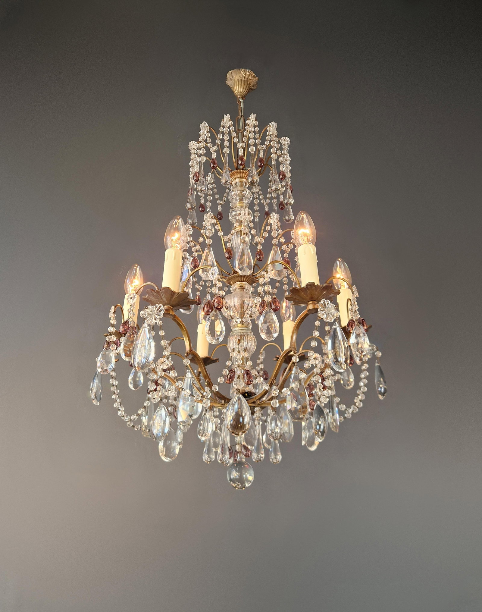 1920s Italian Chandelier Murano Glass Elements Crystal Chandelier With Colored Drops - 4
