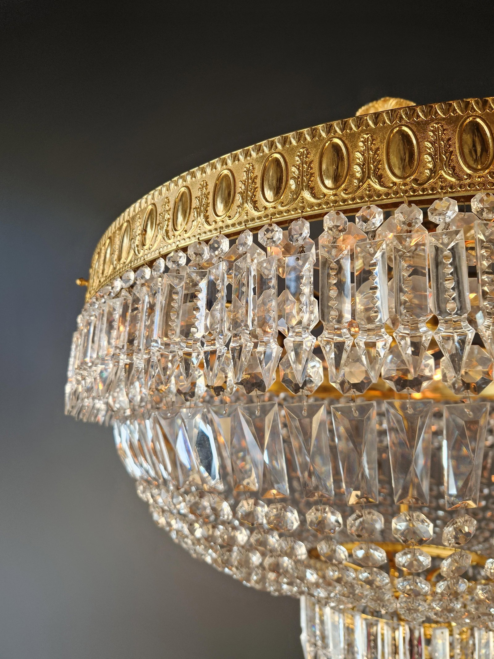 1930s Low Plafonnier Crystal Chandelier Brass Lustre Ceiling Art Deco Gold - 10