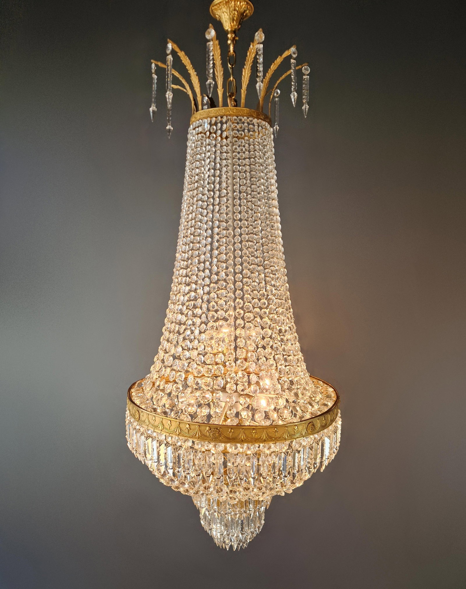 1920s Large Crystal Chandelier Empire Style Monumental Salon Chandelier Restored - 11
