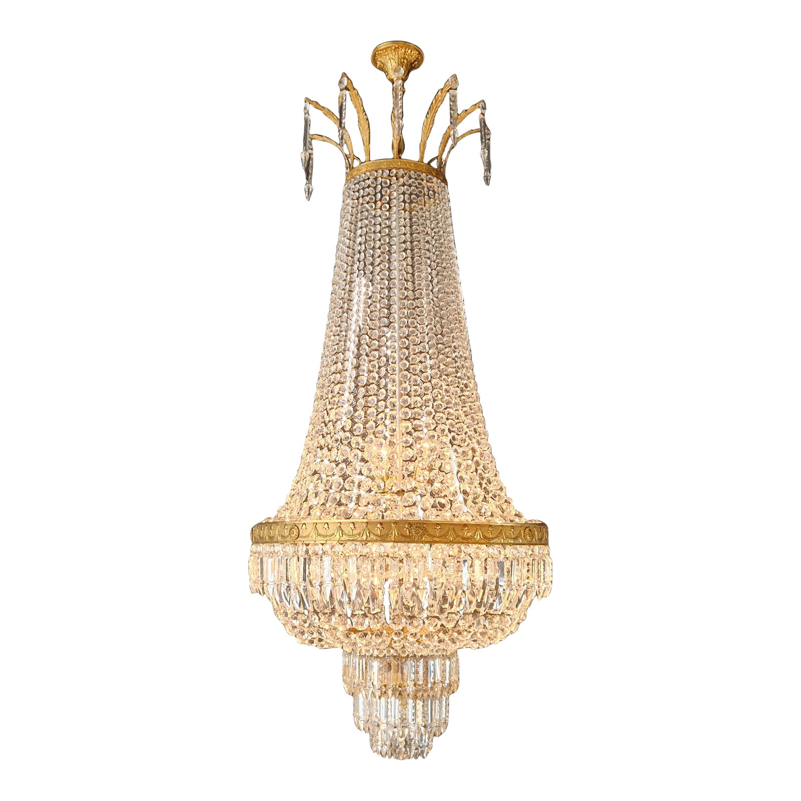 1920s Large Crystal Chandelier Empire Style Monumental Salon Chandelier Restored: An impressive chandelier with a clear architectural presence and refined proportions. Fully restored in our Berlin workshop. The electrical system has been renewed and all crystals have been