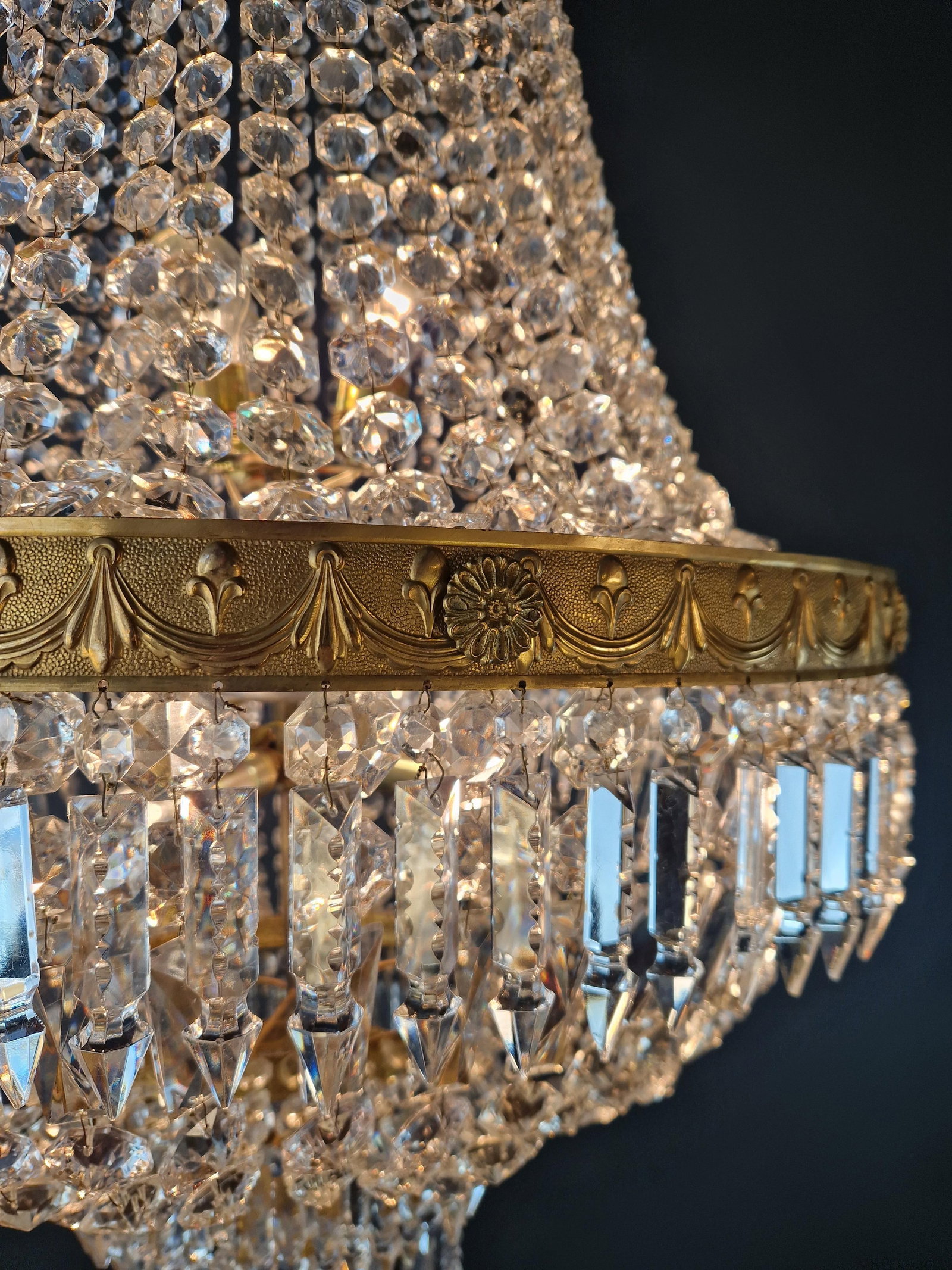 1920s Large Crystal Chandelier Empire Style Monumental Salon Chandelier Restored - 8