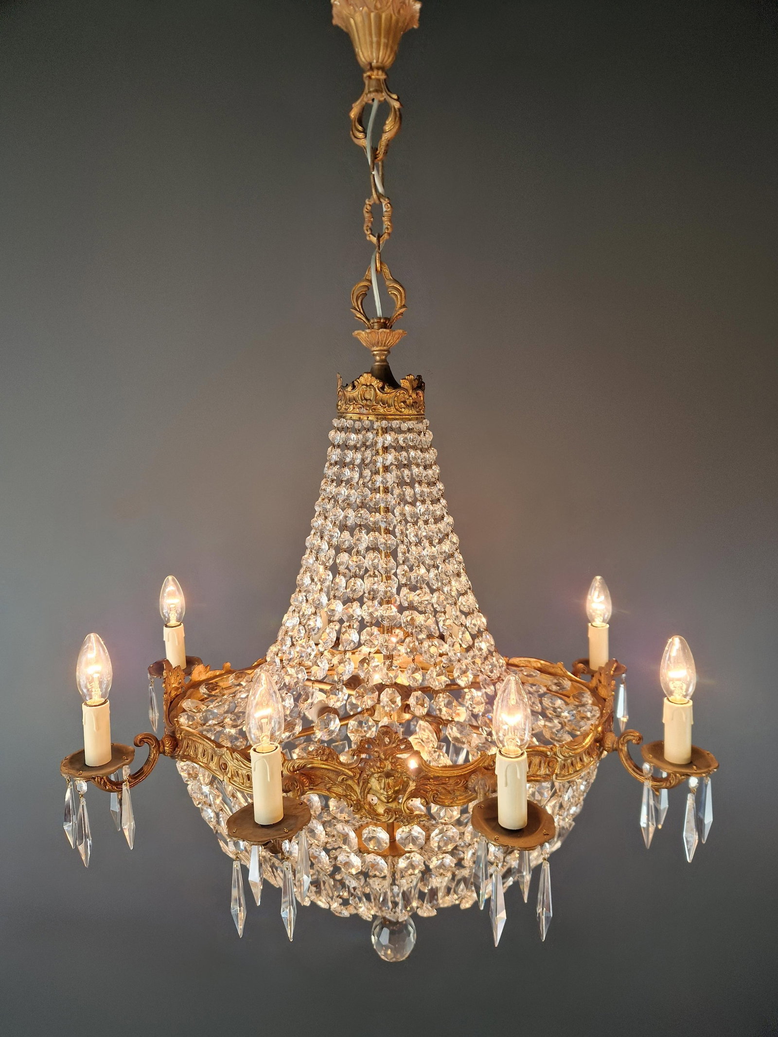Antique Oval Crystal Chandelier Louis XVI Revival Empire Style Brass 12 Lights - 8