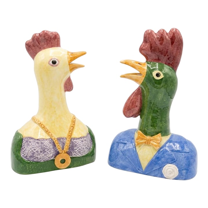 Late 20th Century Hand-Painted Italian Majolica Rooster and Hen Busts: Every home needs a dash of the unexpected, and this dapper pair of hand-painted Italian ceramic busts offers exactly the kind of whimsical charm that defines a truly curated space. These are not mere
